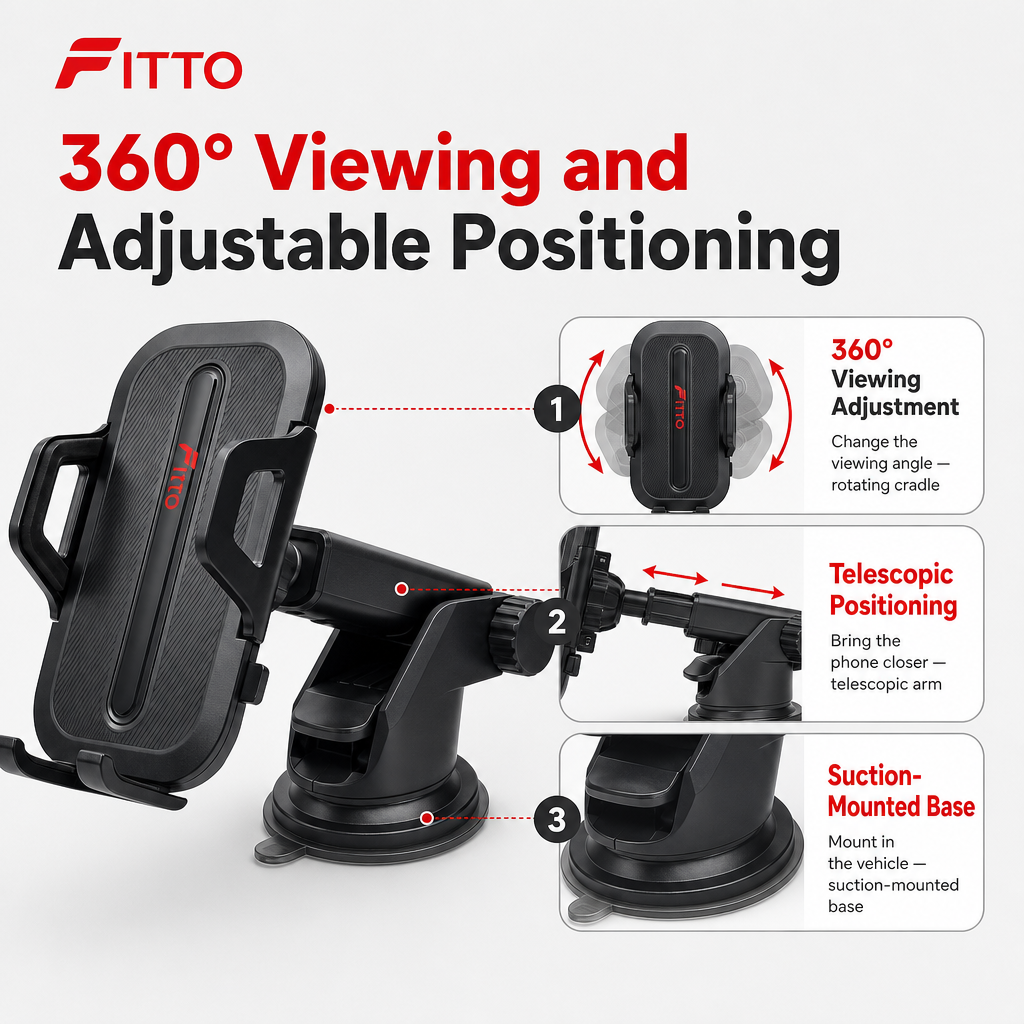 96 Pieces 360° Car Phone Holder with Telescopic Suction Mount, Adjustable Rotating Cradle, Black