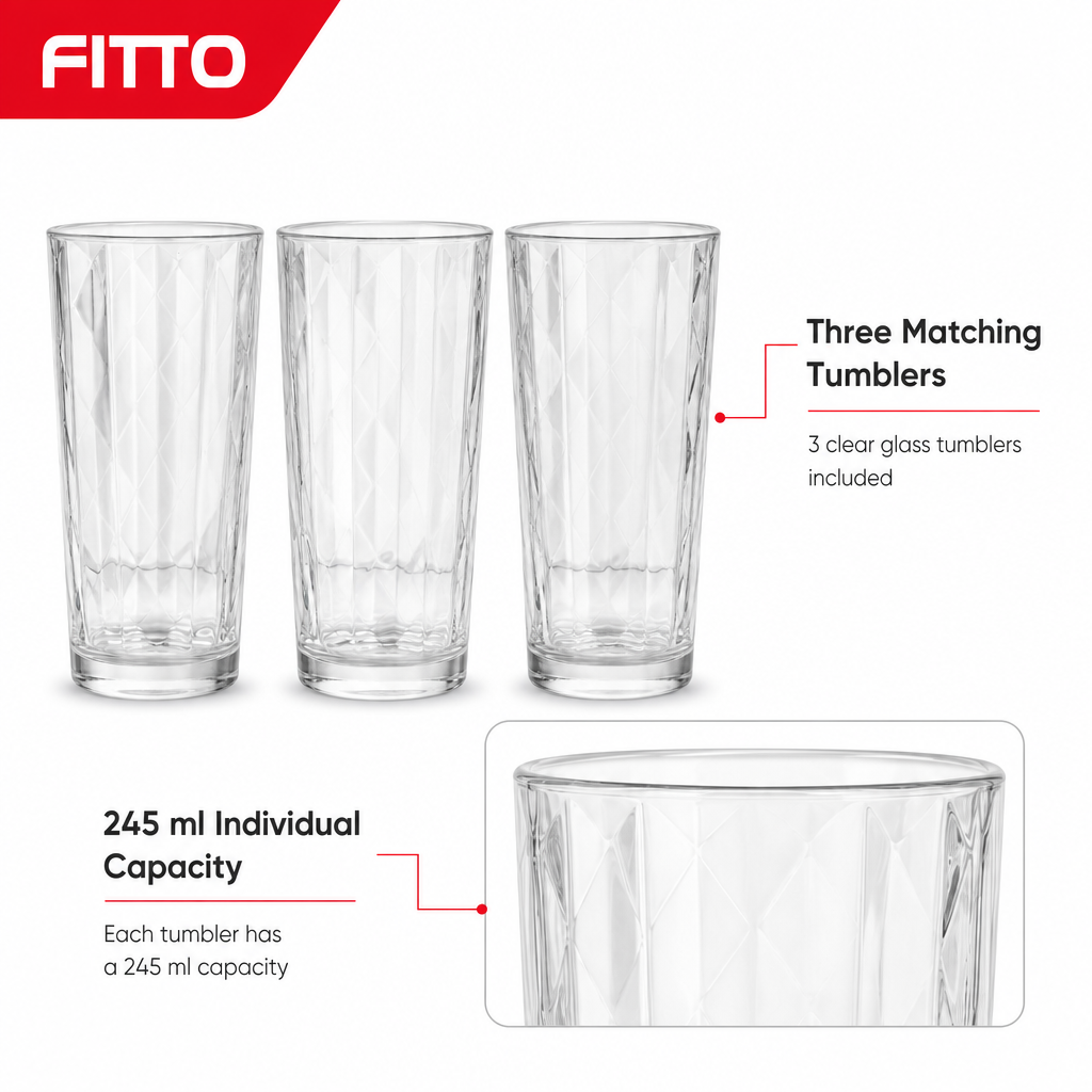 96 Pieces Glass Tumbler Set, 245 ml, 3 Pieces, Clear Faceted Drinkwares