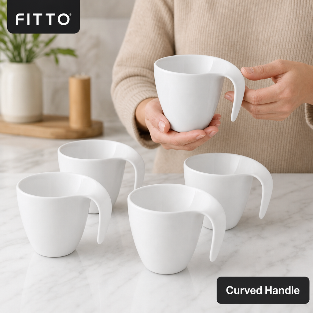 60 Pieces Ceramic Coffee Cups with Curved Handles, White, 6 Pieces