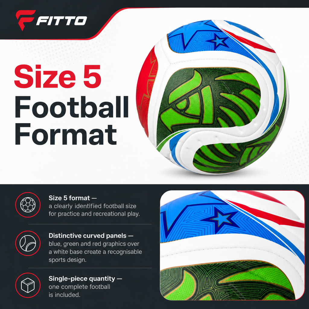 60 Pieces Size 5 Football, White with Blue, Green and Red Curved Panel Design, Single Piece