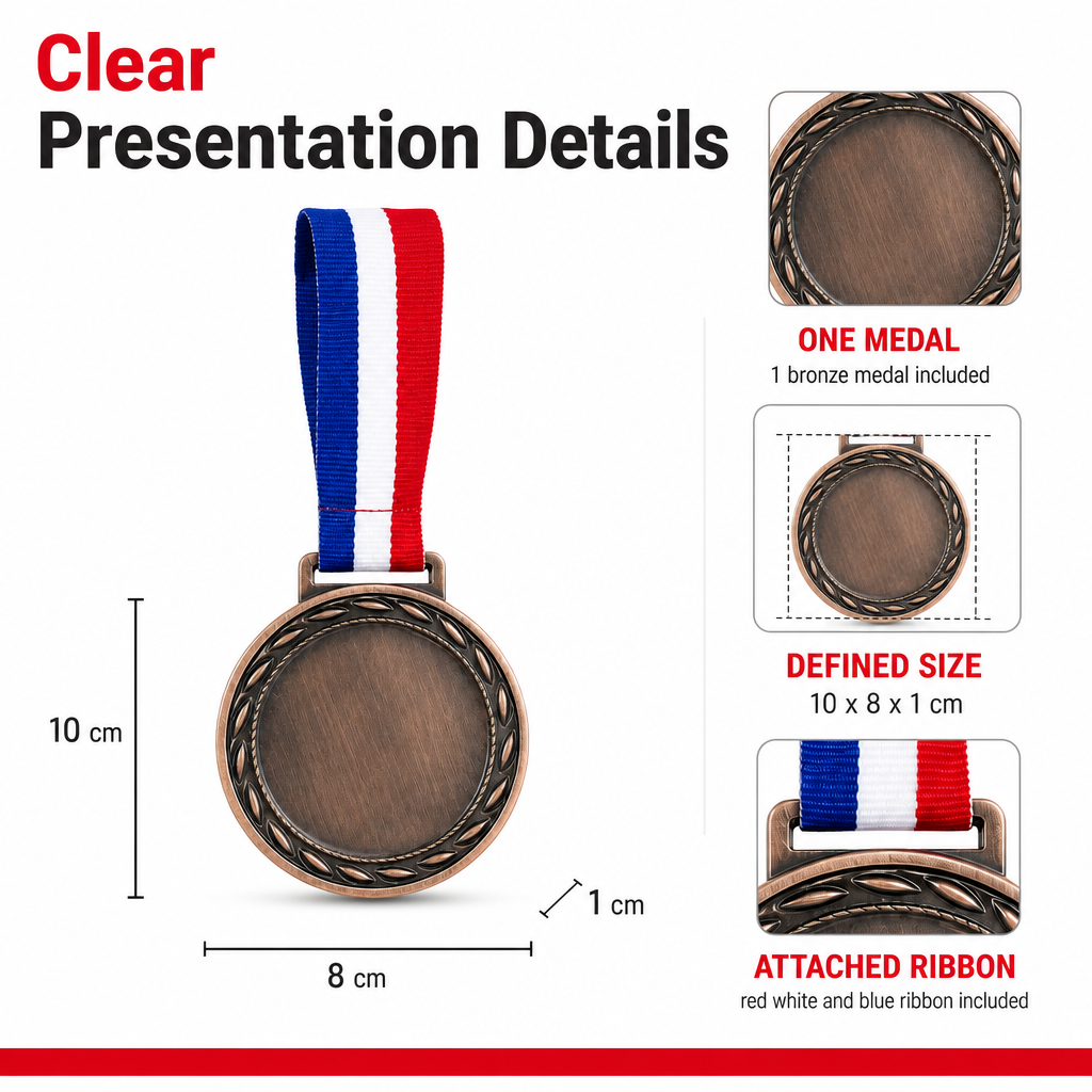 144 Pieces Plain Sports Medal with Red White Blue Ribbon, Bronze Award Recognition