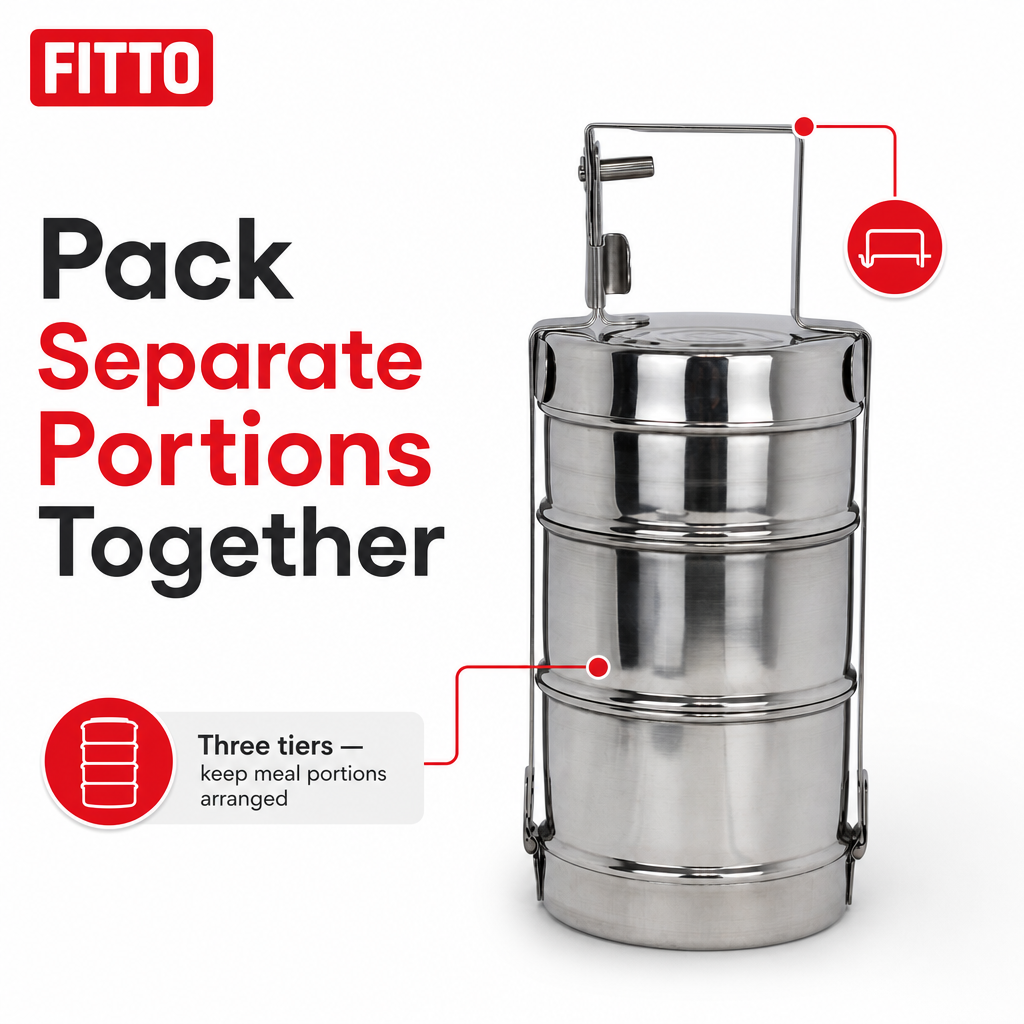 60 Pieces Stainless Steel Tiffin Lunch Box, 10 Inch, 3 Tier Stackable Meal Container With Carry Handle