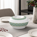 96 Pieces Lidded Serving Bowl, 8 Inch, White With Green Geometric Design
