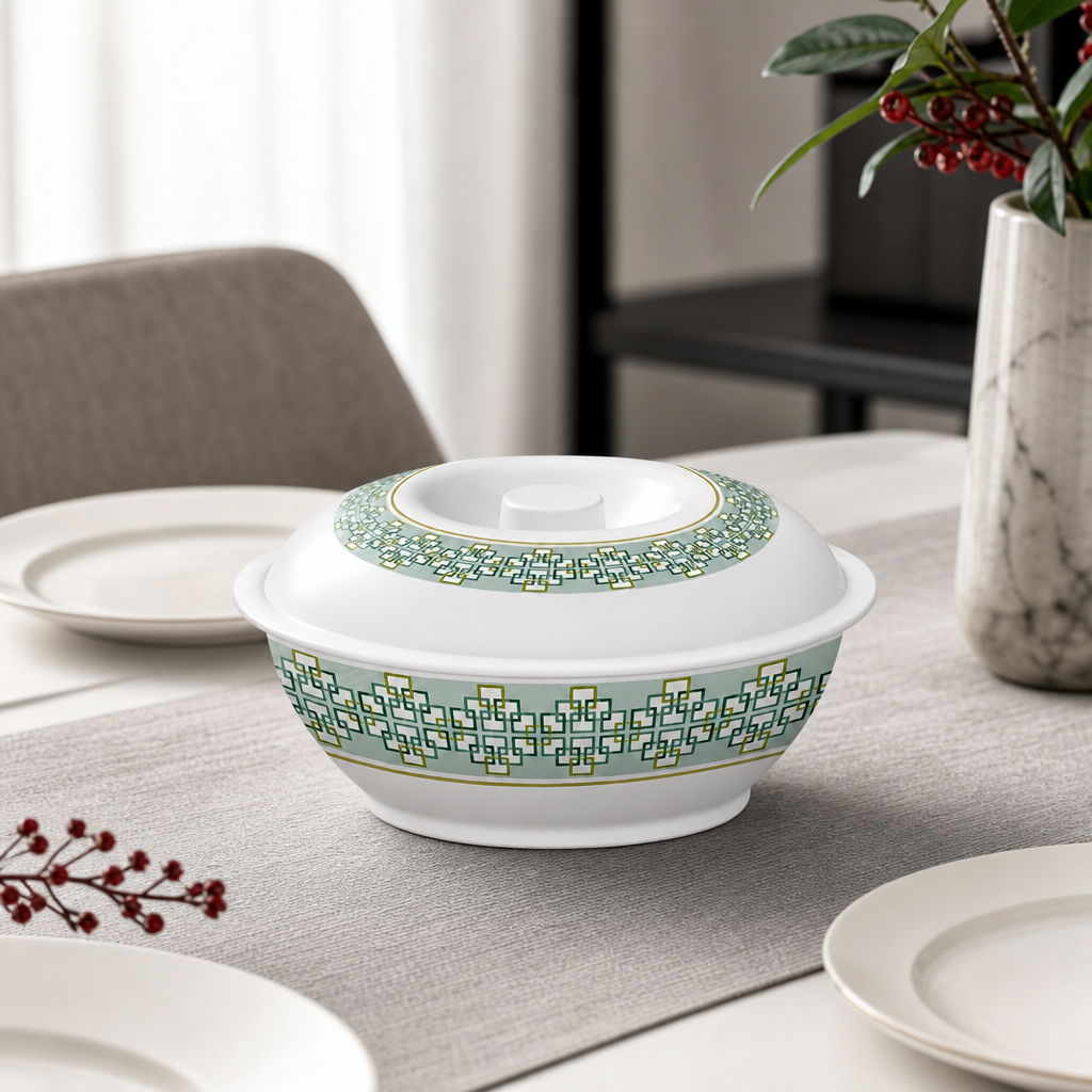 96 Pieces Lidded Serving Bowl, 8 Inch, White With Green Geometric Design