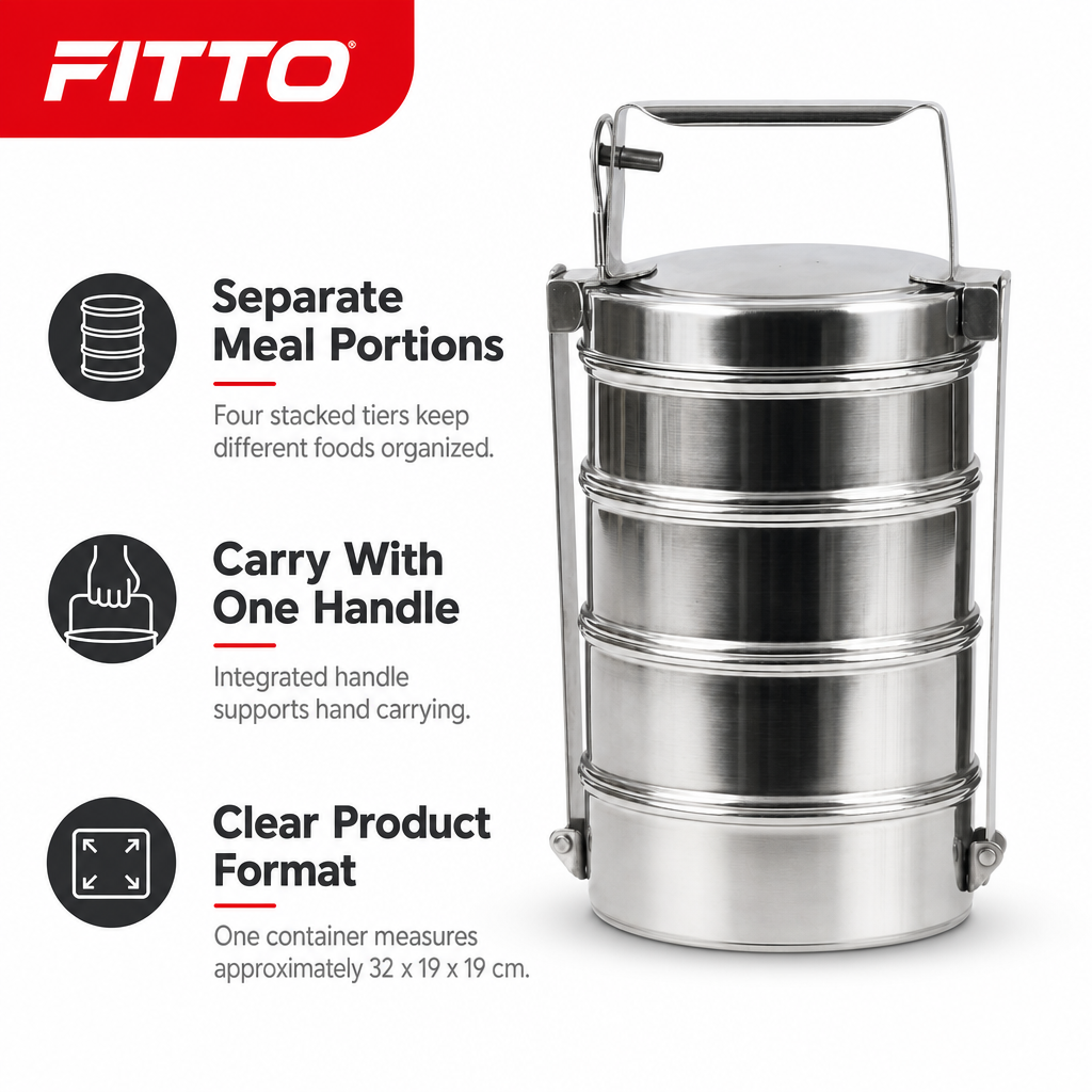 96 Pieces Four-Tier Stainless Steel Tiffin Lunch Box with Carry Handle, Silver Food Storage Containers
