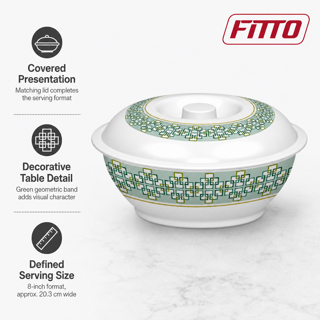96 Pieces Lidded Serving Bowl, 8 Inch, White With Green Geometric Design