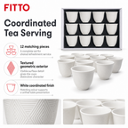 96 Pieces Ceramic Tea Cup Set, White, 12 Pieces, Textured Geometric Design for Home Tea Serving