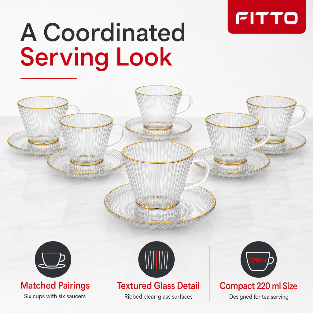 60 Pieces Ribbed Clear Glass Tea Cup and Saucer Set with Gold Rims, 220 ml, 12 Pieces