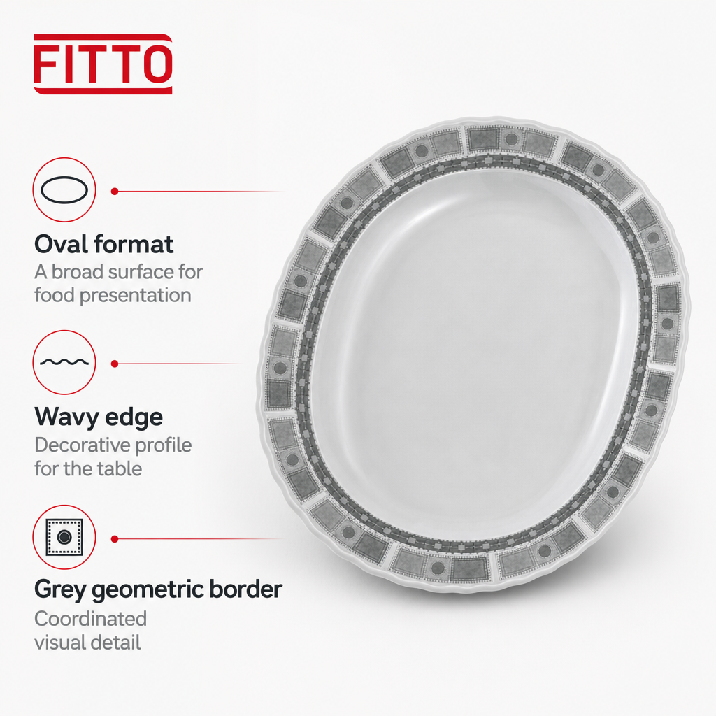 96 Pieces Melamine Wavy Oval Serving Plate, 14 Inch, Grey Geometric Border