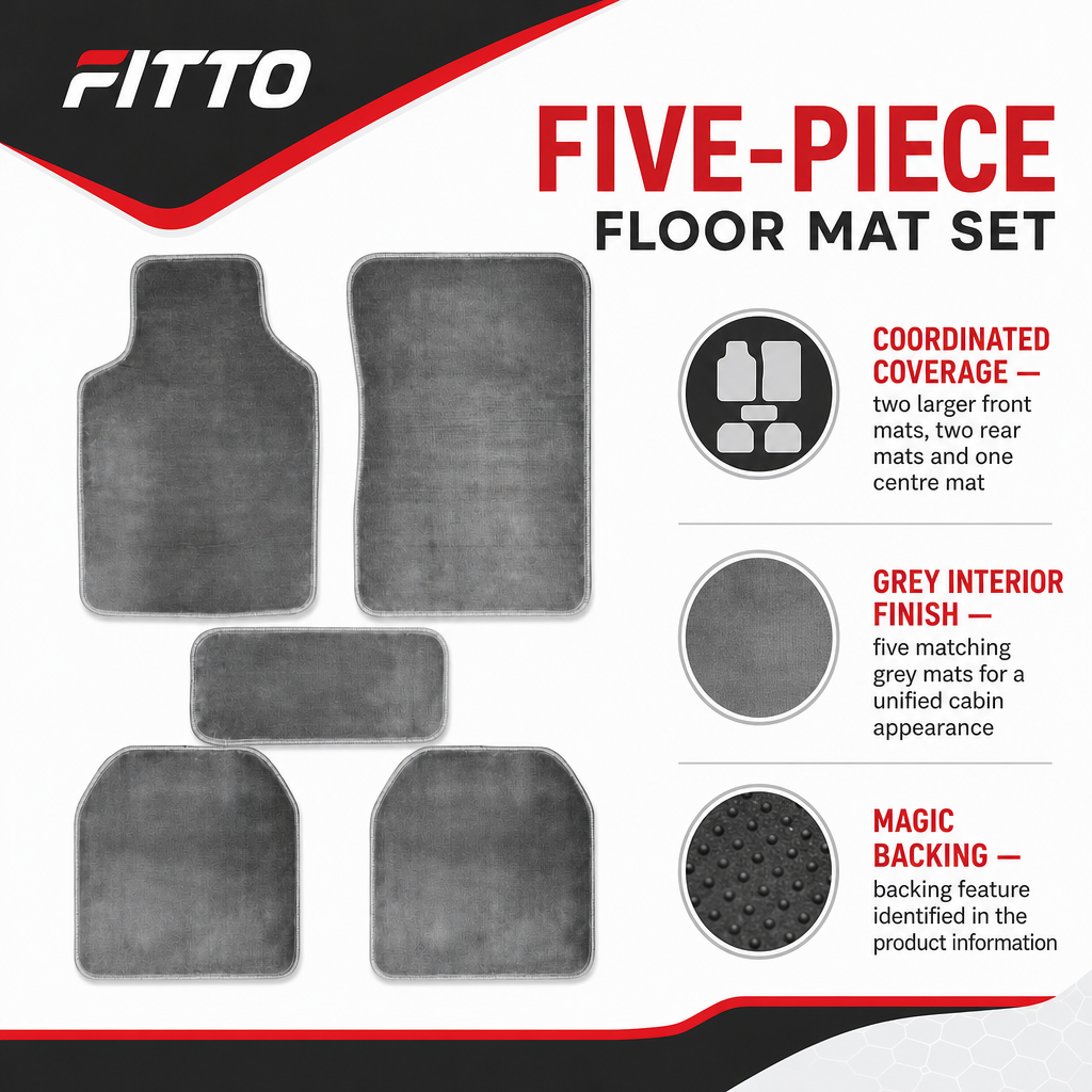 48 Pieces Universal Car Floor Mat Set, 5-Piece Grey Cashmere Fiber Mats with Magic Backing, 75 x 50 cm