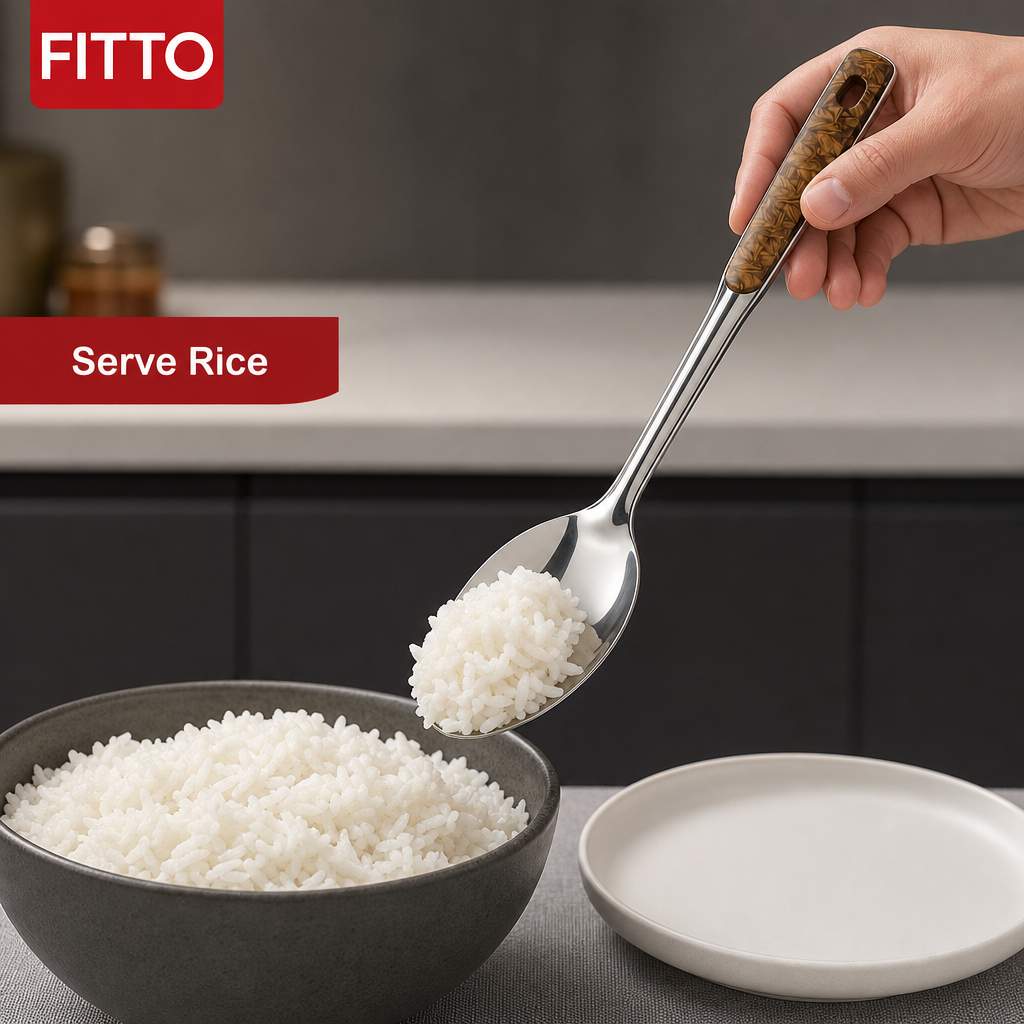 120 Pieces Rice Spoon, Stainless Steel Serving Utensil with Wood-Look Handle, 28 cm, Single Piece