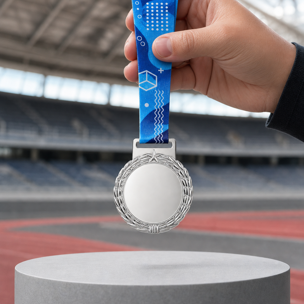 144 Pieces Sports Medal with Blue Ribbon, Silver, Ribbed Edge, 10 x 8 cm