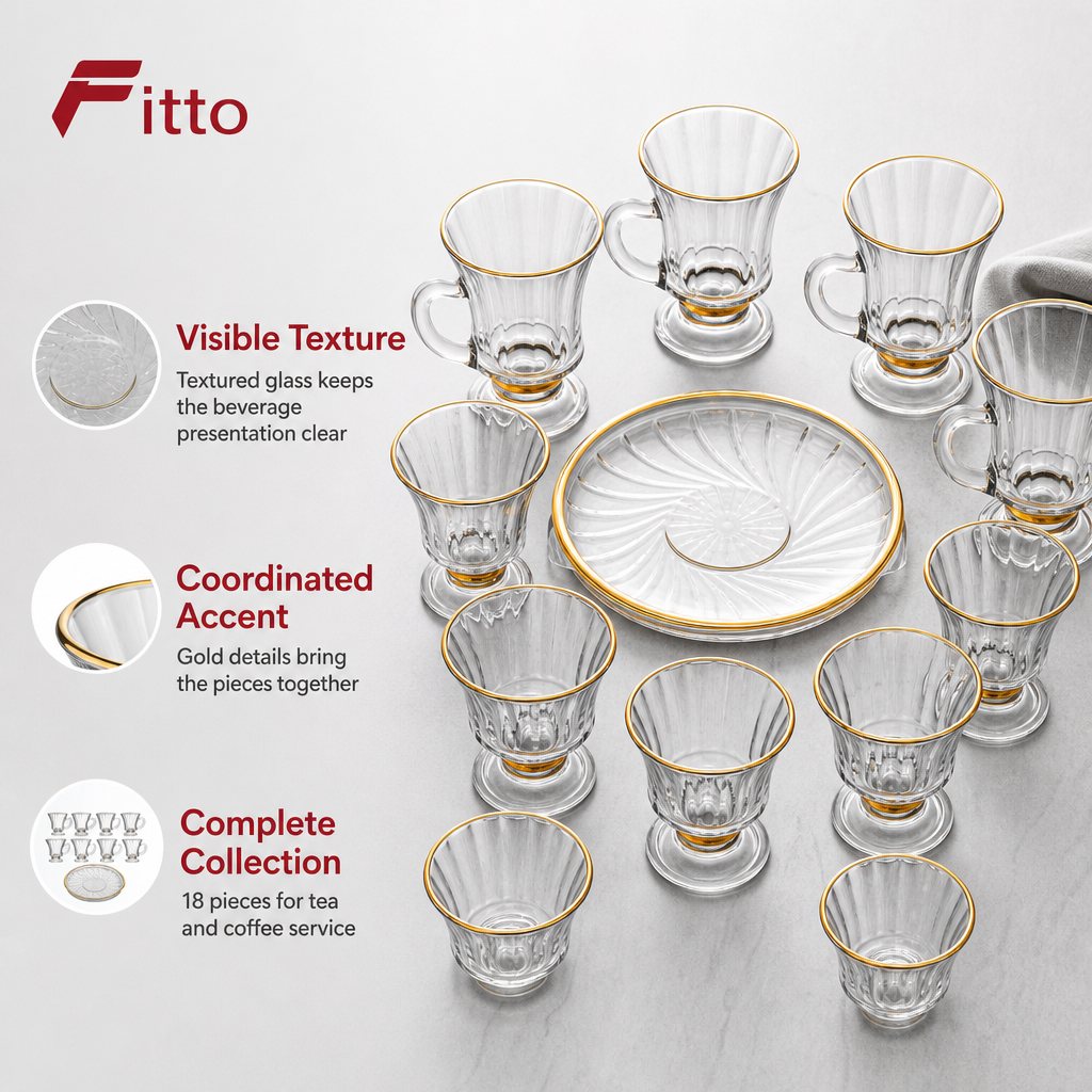 48 Pieces Clear Textured Glass Tea and Coffee Set with Gold Accents, 18 Pieces