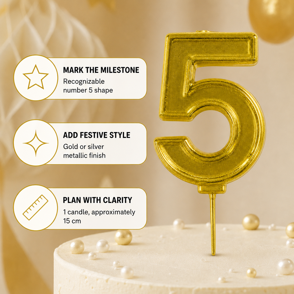 240 Pieces Number 5 Cake Candle, Gold & Silver Finish, 15 cm