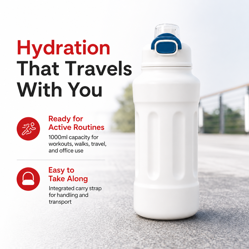 72 Pieces 1000ml Water Bottle with Carry Strap, White
