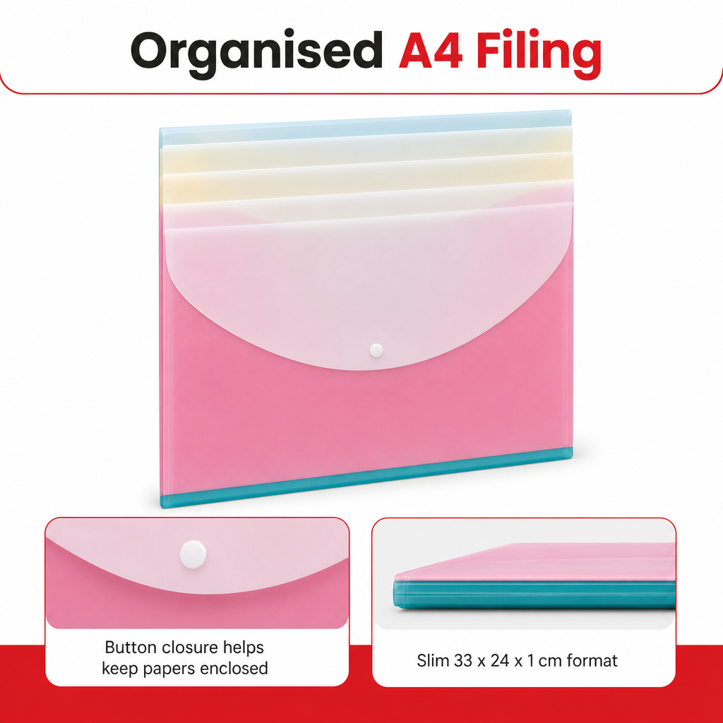 240 Pieces A4 Plastic Button Document Folder, Assorted Colour, Slim Profile, 1 Piece