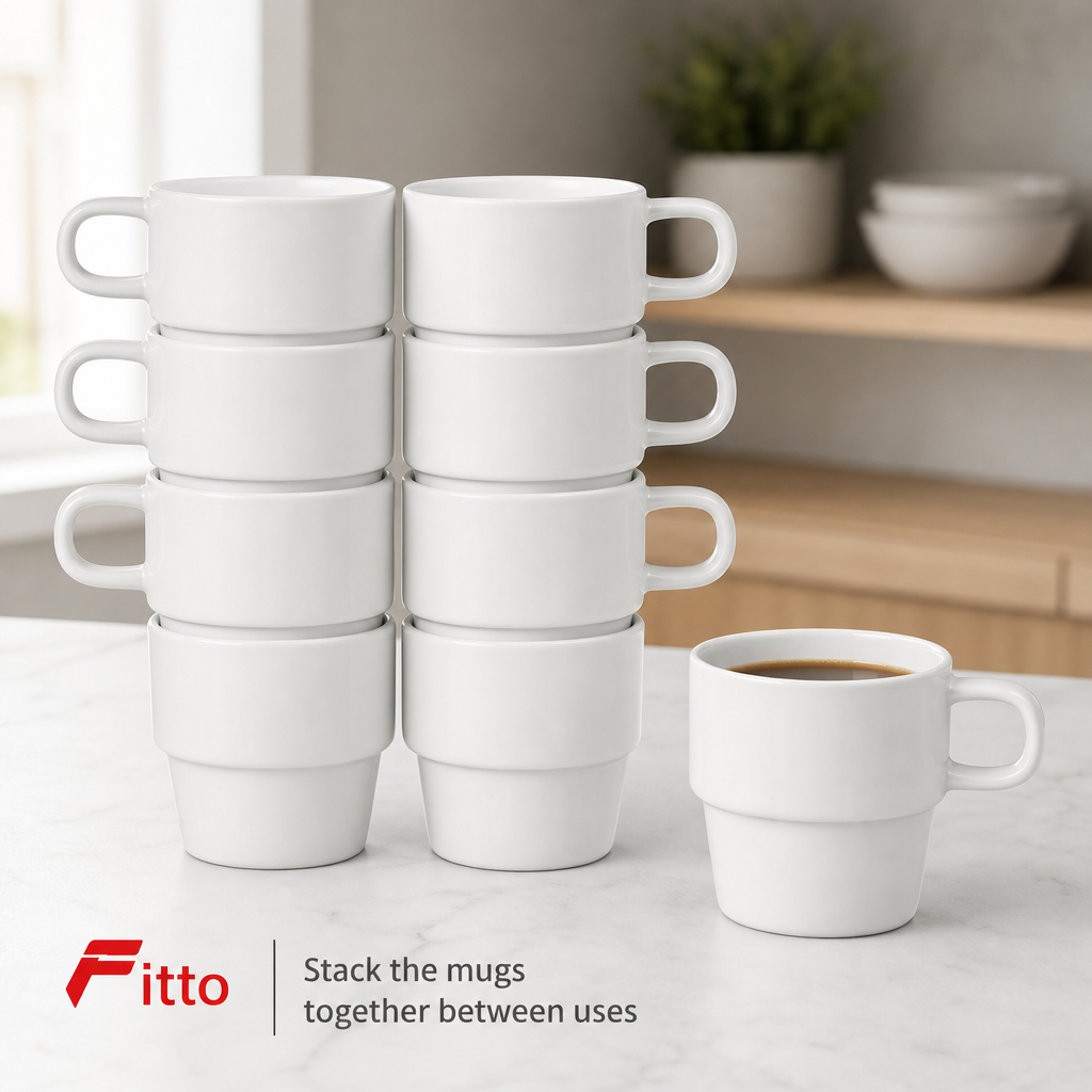 60 Pieces Stackable Ceramic Coffee Mugs with Geometric Handles, White, Set of 6