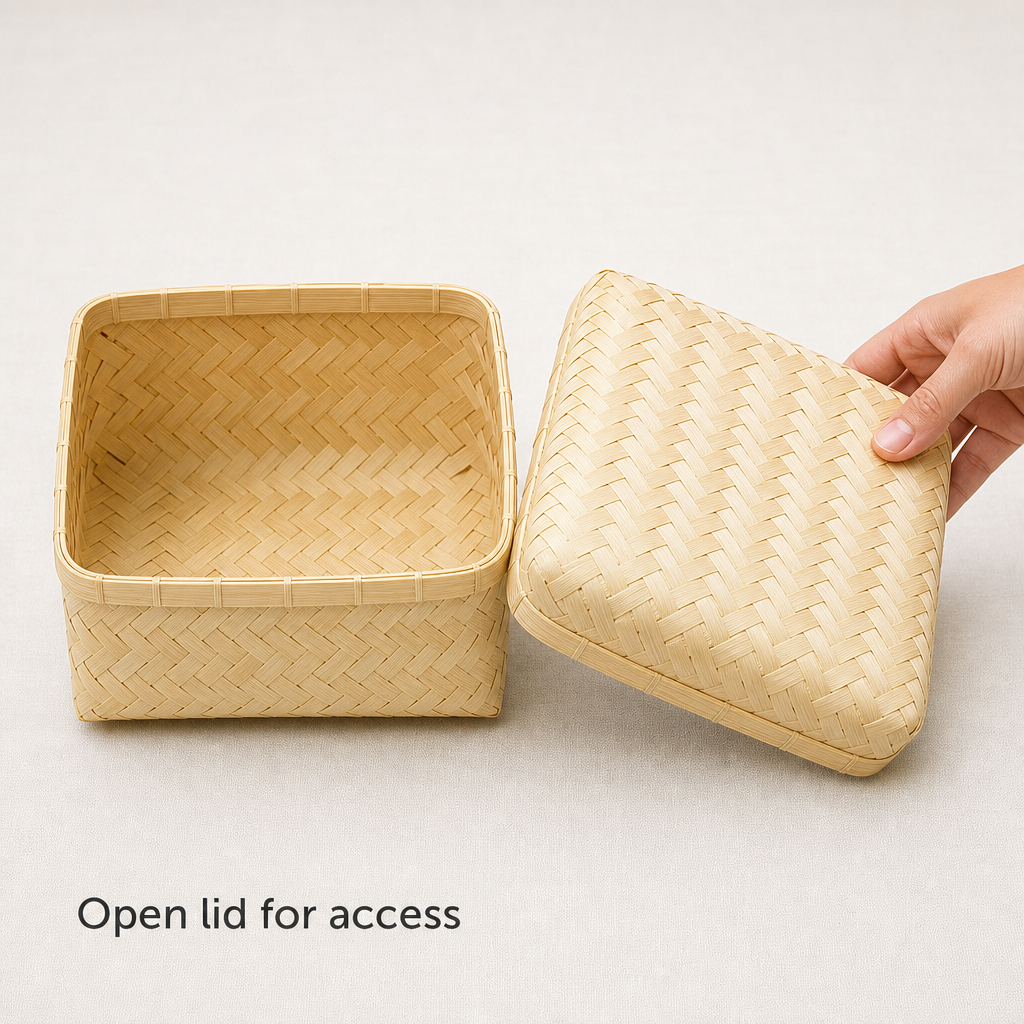96 Pieces Handwoven Bamboo Square Storage Box with Lid, 6 x 6 Inch, Natural