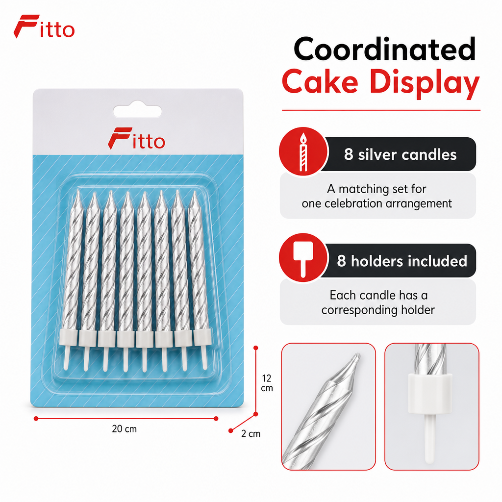 144 Pieces Silver Birthday Candles with Holders, 8-Piece Cake Decoration Set