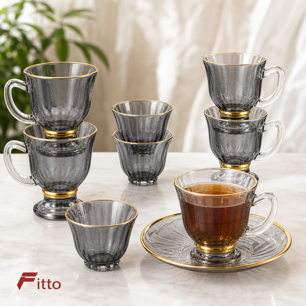 48 Pieces Clear Textured Glass Tea and Coffee Set with Gold Accents, 18 Pieces