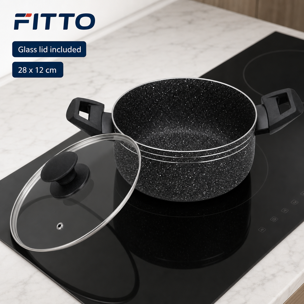 48 Pieces Pressed Aluminium Induction Casserole with Glass Lid, 28 x 12 cm, Black