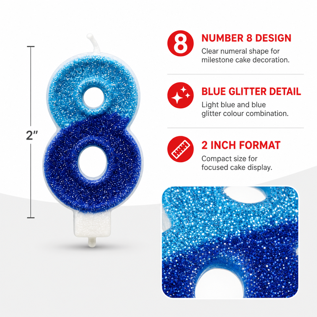 240 Pieces Number 8 Birthday Cake Candle, Light Blue and Blue Glitter Design, 2 in, Single Piece