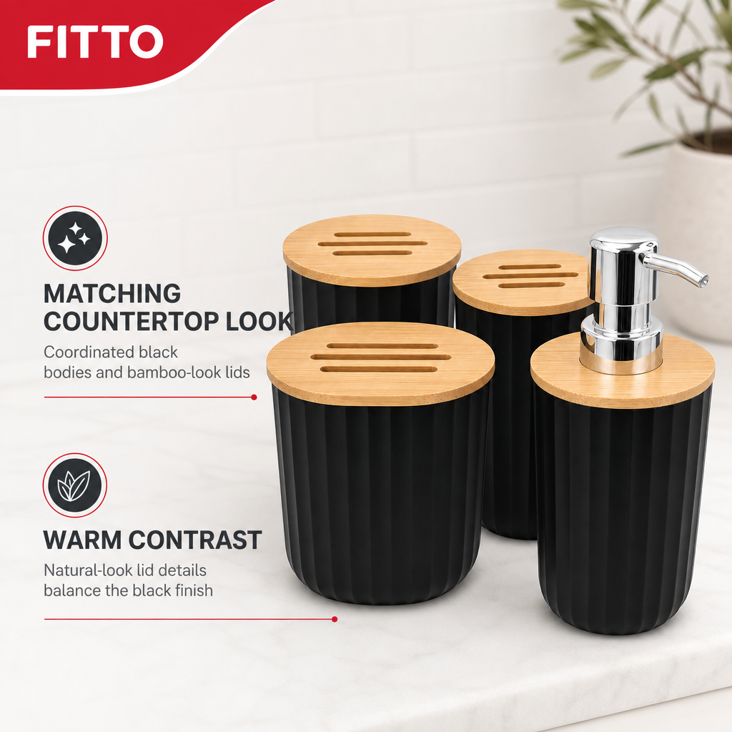 96 Pieces Black PP Bathroom Accessory Set with Bamboo Lids and Soap Dispenser