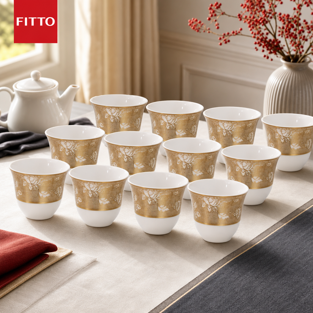 96 Pieces Ceramic Tea Cup Set, White and Gold Floral Design, 12 Pieces