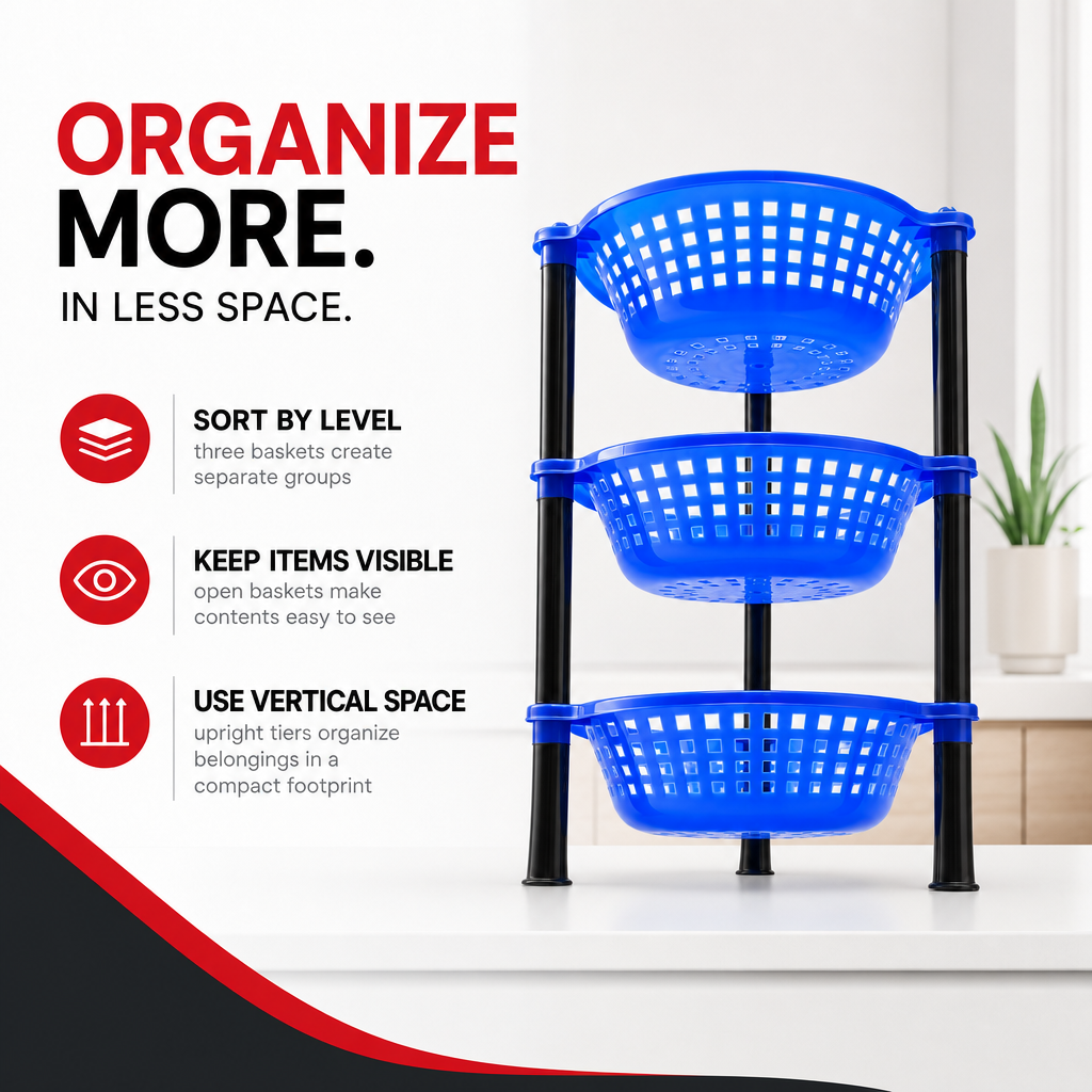 72 Pieces 3-Tier Plastic Storage Basket Rack, Blue and Black, Vertical Organizer for Home, Kitchen, Bathroom or Laundry, 1 Unit