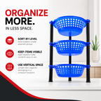 72 Pieces 3-Tier Plastic Storage Basket Rack, Blue and Black, Vertical Organizer for Home, Kitchen, Bathroom or Laundry, 1 Unit