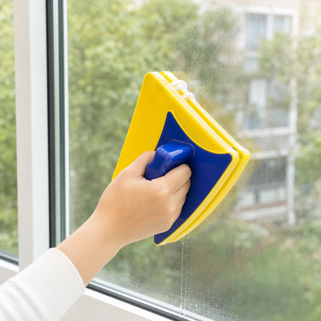 96 Pieces Magnetic Window Glass Cleaner, Double-Sided with Scraper and Retaining Cord, Yellow and Blue, 1 Set