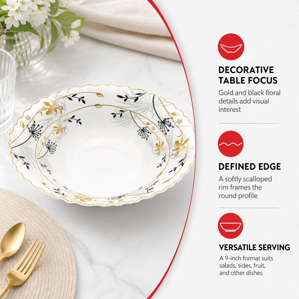 96 Pieces Opal Serving Bowl, 9 Inch, White Floral Tablewares with Gold and Black Detail