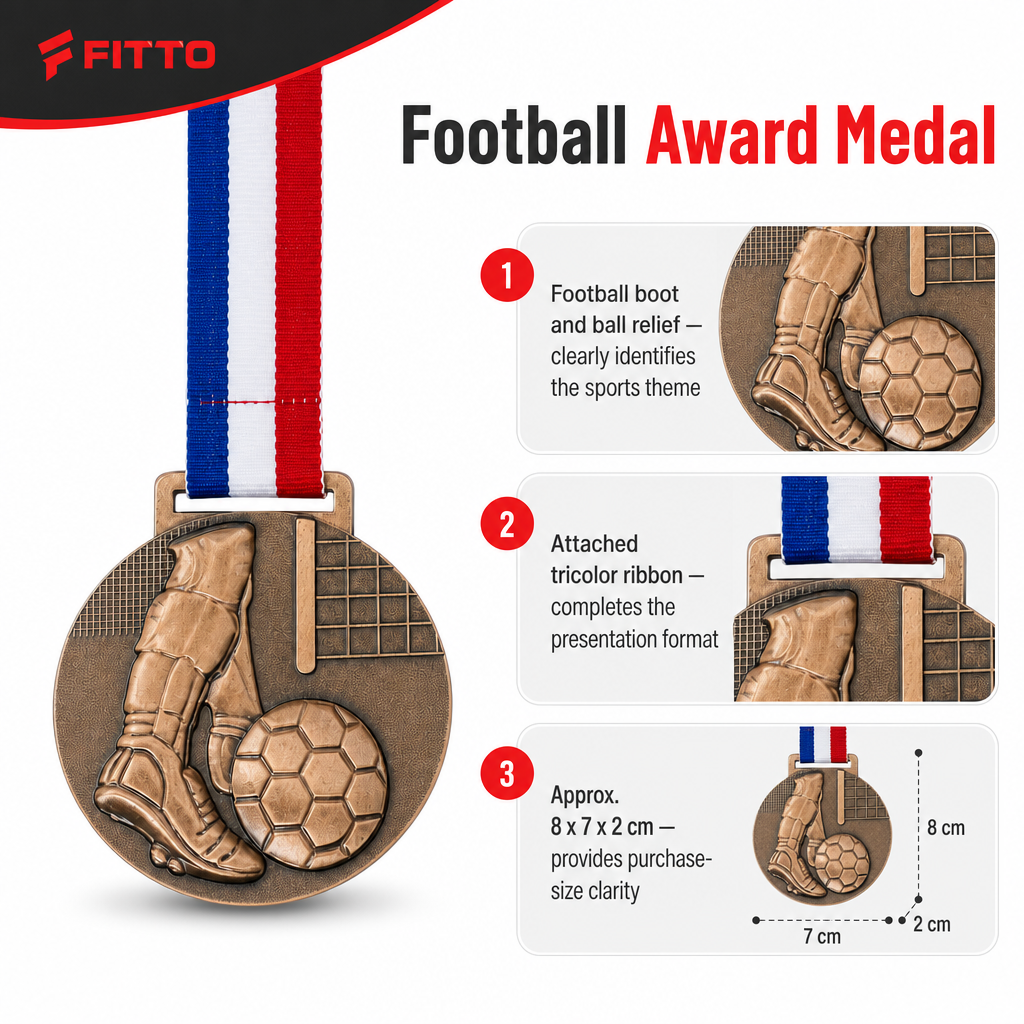 144 Pieces Football Sports Medal with Tricolor Ribbon, Round Award Medal for Tournament Recognition