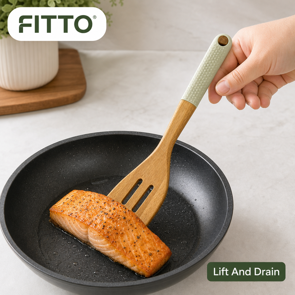 96 Pieces Wooden Slotted Turner, 32 cm Kitchen Cooking Utensils with Ergonomic Textured Handle