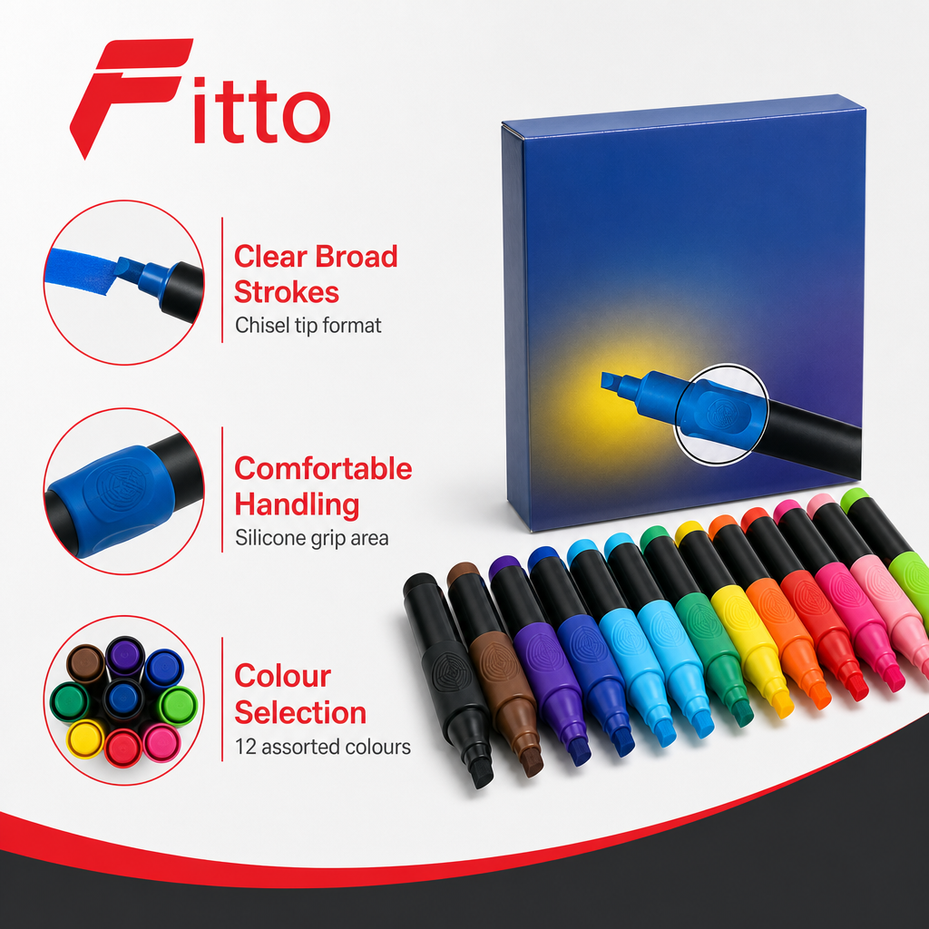 96 Pieces Permanent Markers, Chisel Tip with Silicone Grip, Assorted Colours, 12 Pieces