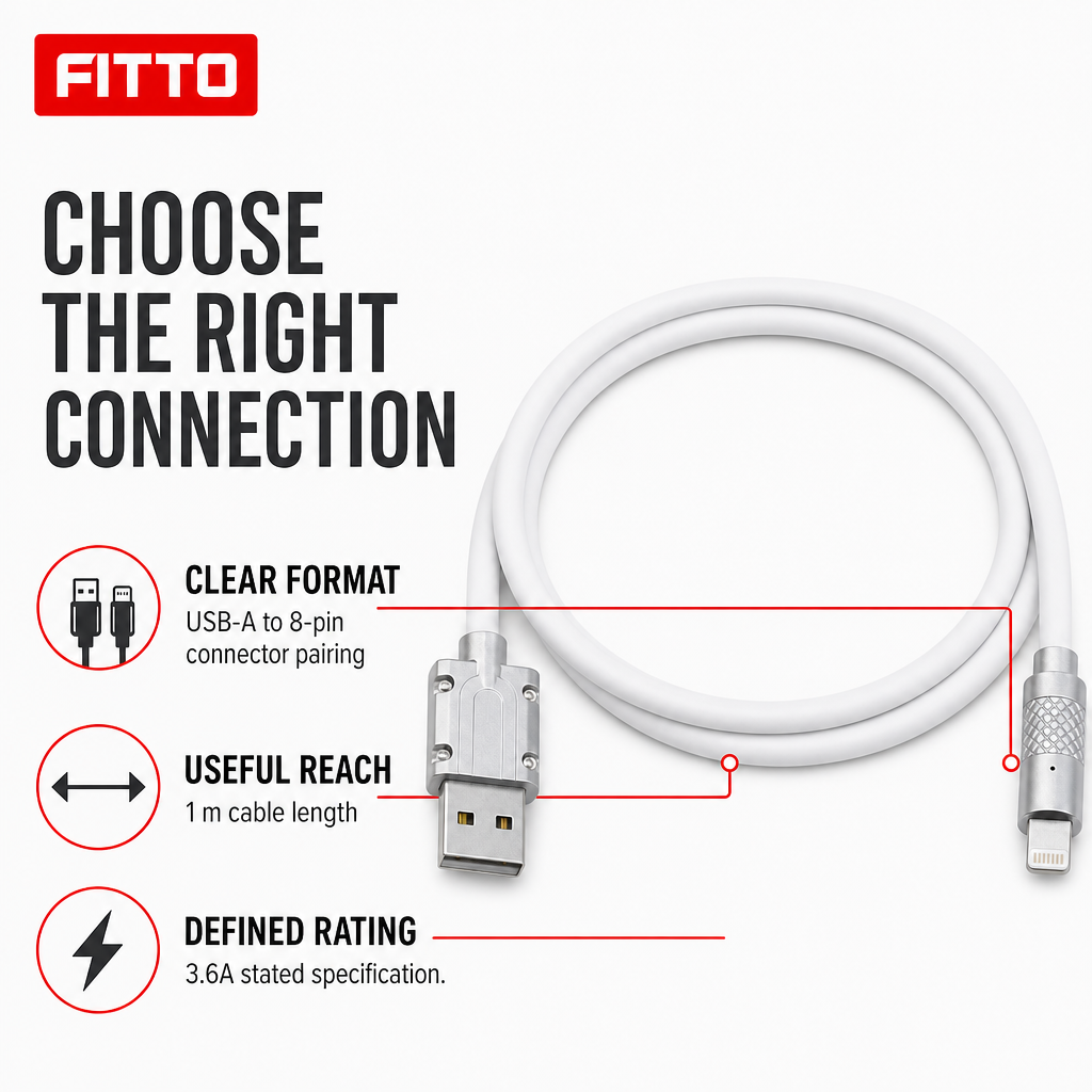 144 Pieces USB-A to 8-Pin Fast Charging Cables, 3.6A, 1 m, White