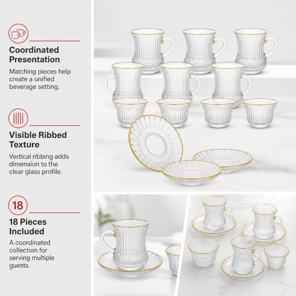 48 Pieces Clear Ribbed Glass Tea Coffee Set with Gold Rim Accents, 18 Pieces