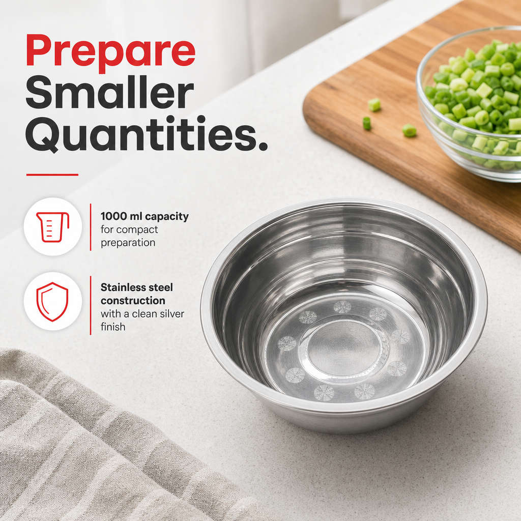 144 Pieces Stainless Steel Mixing Bowls, 1000 ml, Round Silver Bowl, 18 x 6 cm, 1 Piece