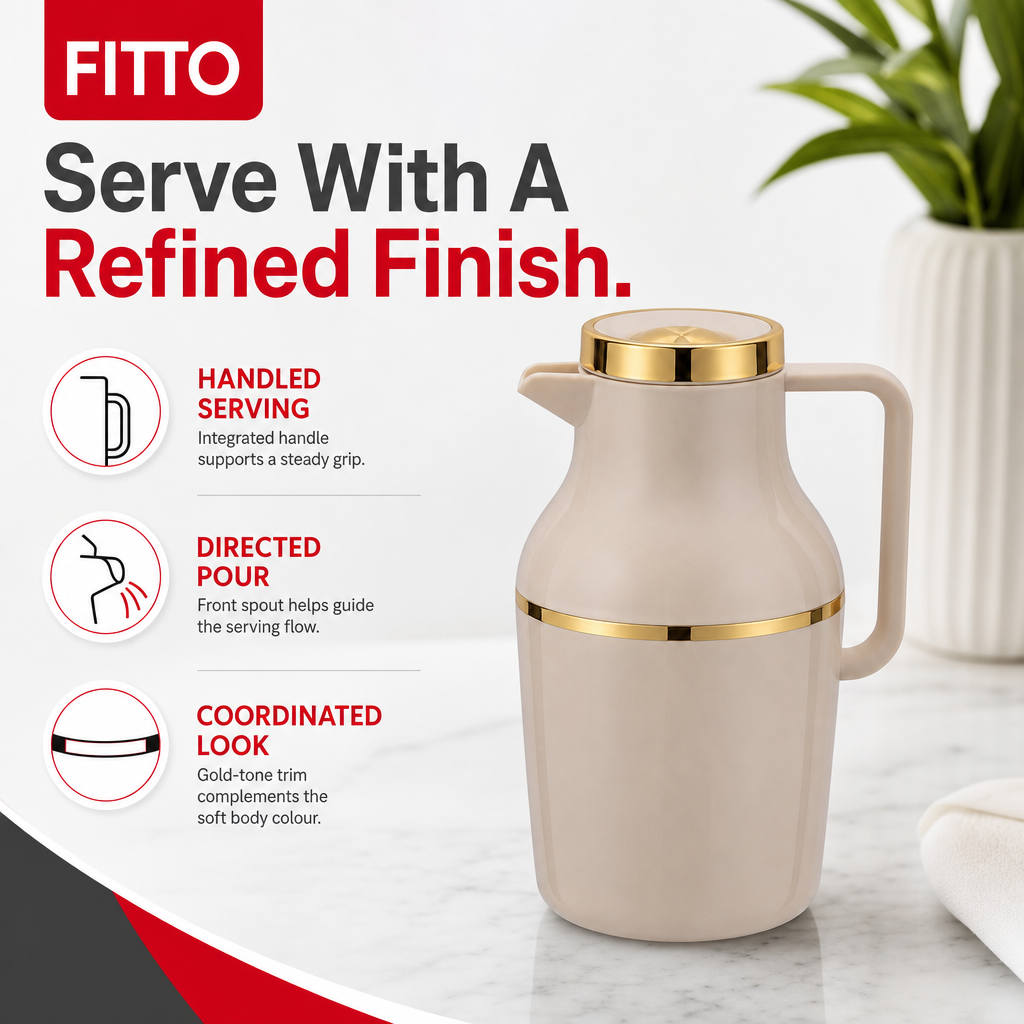 72 Pieces Vacuum Flask 1 Litre, Beige or Ivory with Gold-Tone Trim, Handle and Pour Spout, 1 Piece