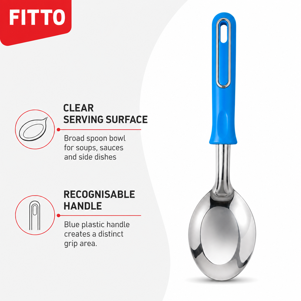 144 Pieces Stainless Steel Serving Spoon with Blue Plastic Handle, 30 cm, 1 Piece