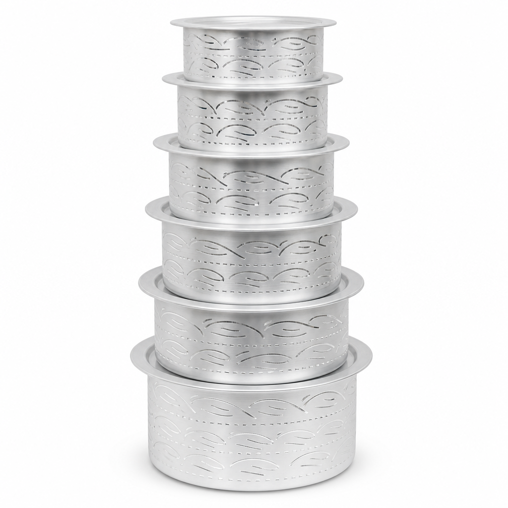 48 Pieces Silver Aluminium Round Cooking Pot Set with Lids, 6-Piece Set