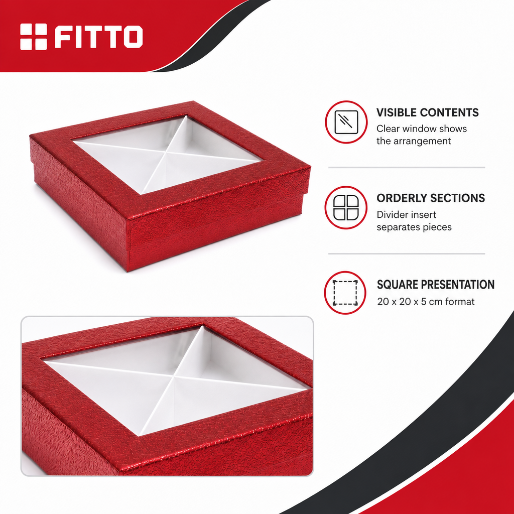 96 Pieces Red Square Chocolate Presentation Box with Clear Window and Divider Insert, 20 x 20 x 5 cm, 1 Piece