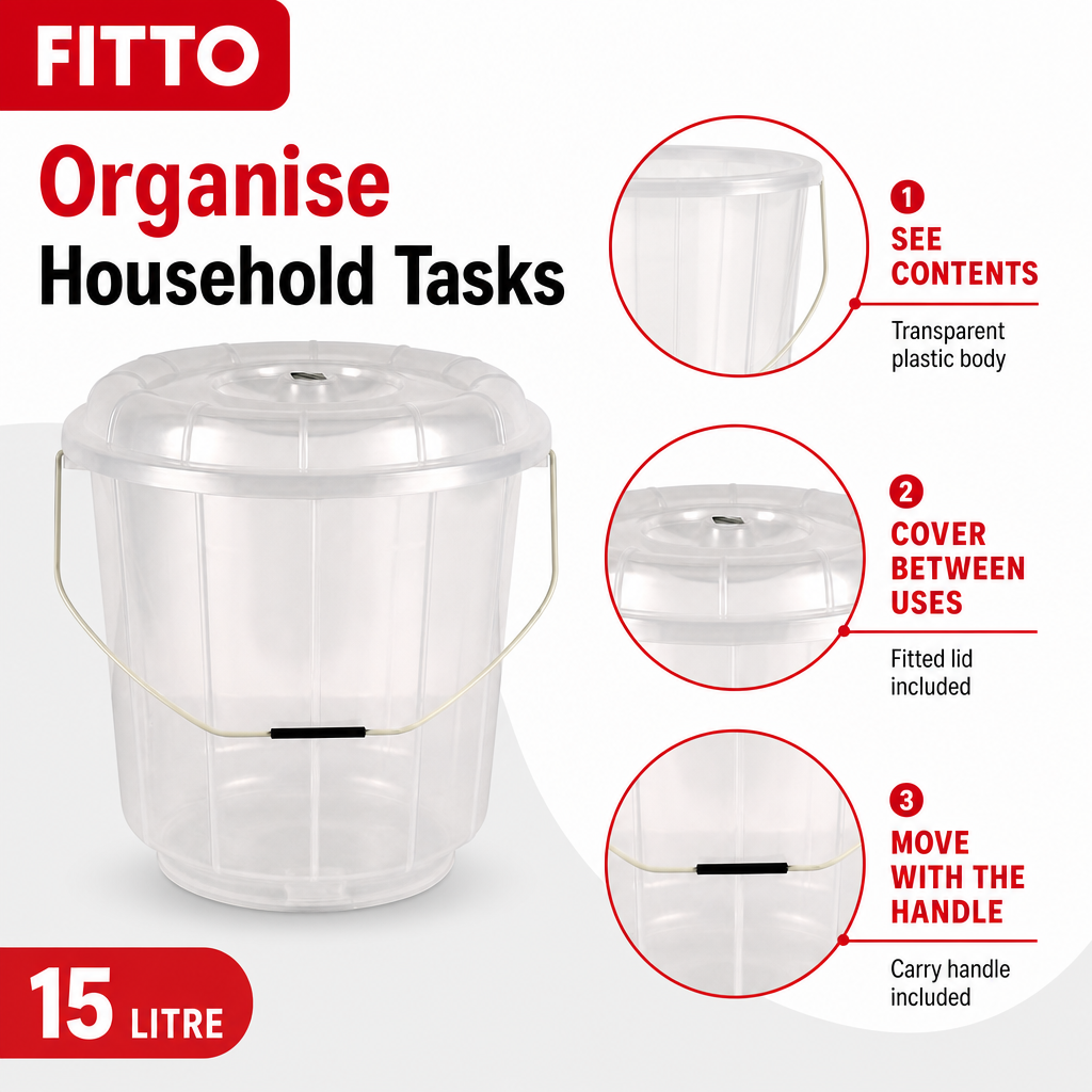 96 Pieces Transparent Plastic Bucket with Lid and Carry Handle, 15 Litre
