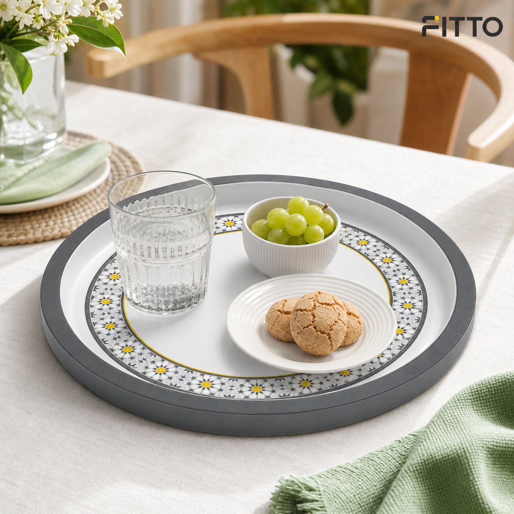 72 Pieces Round Melamine Woven Serving Trays, 50 cm, White With Floral Pattern