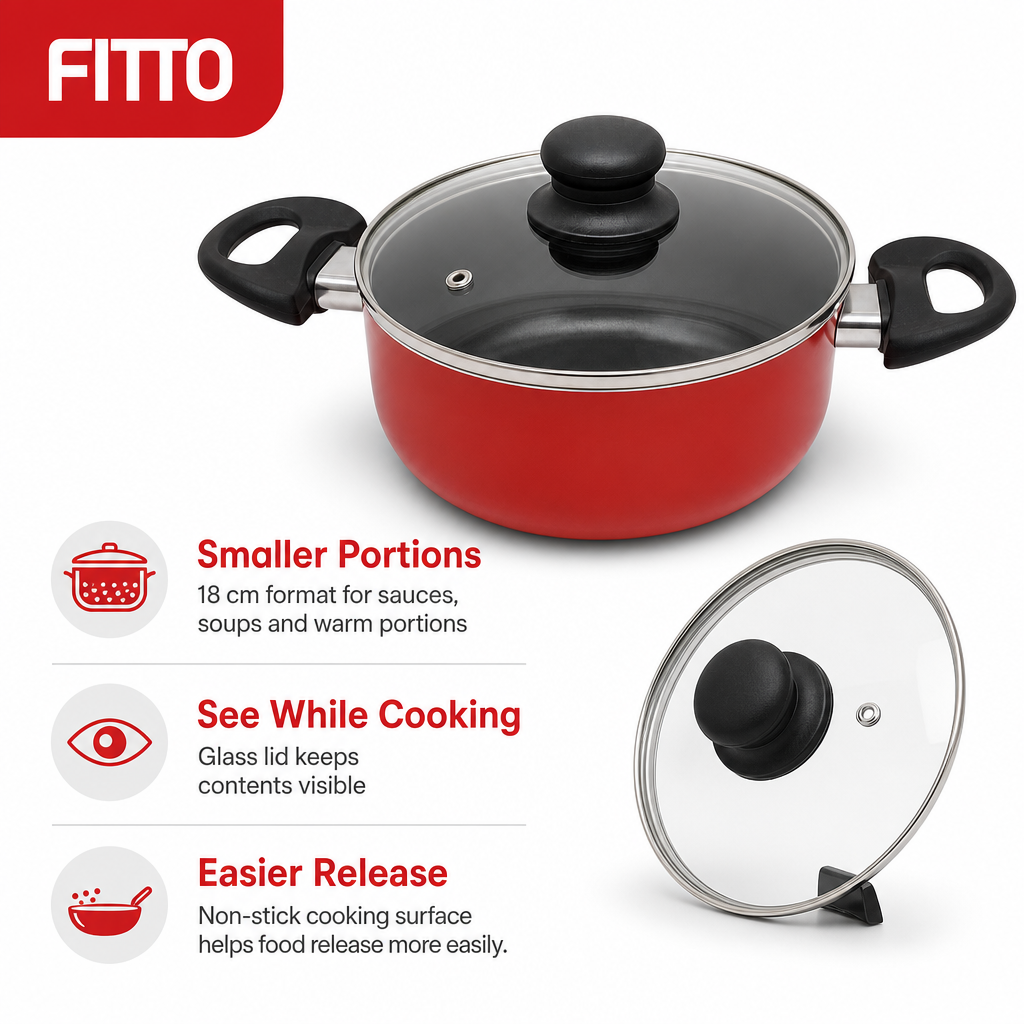 60 Pieces 18 cm Aluminium Non-Stick Saucepot with Glass Lid and Side Handles, Red
