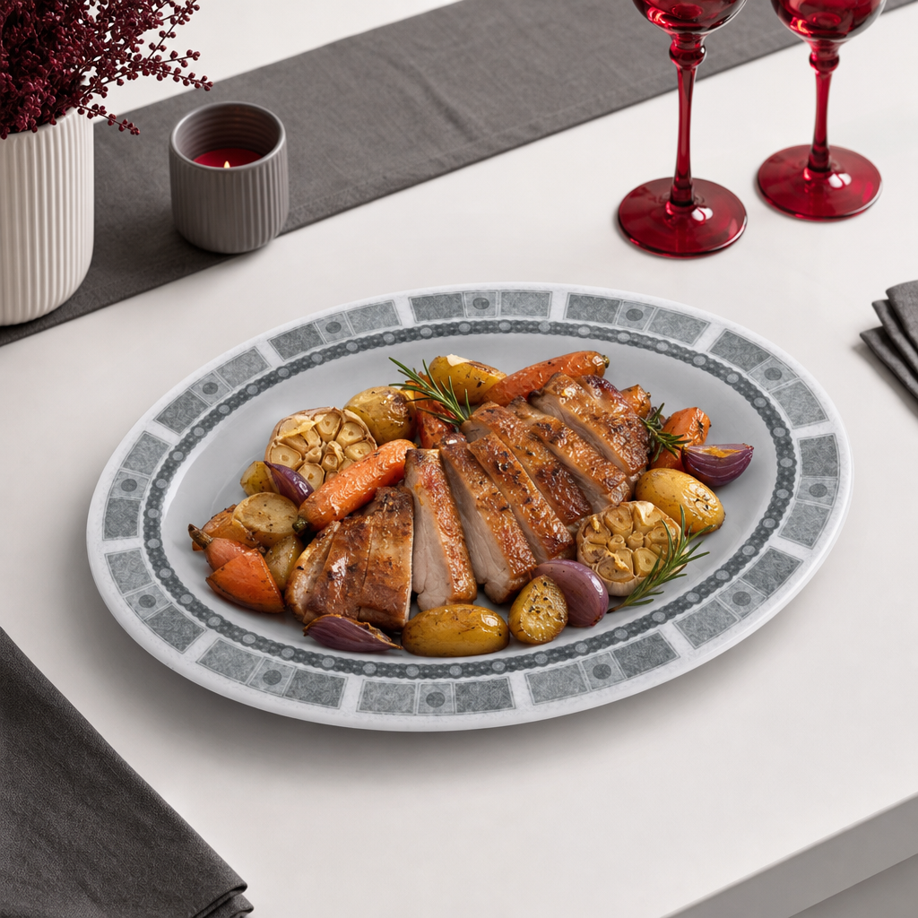 96 Pieces Melamine Oval Serving Plate, 17 Inch Grey Tablewares with Geometric Border for Serving