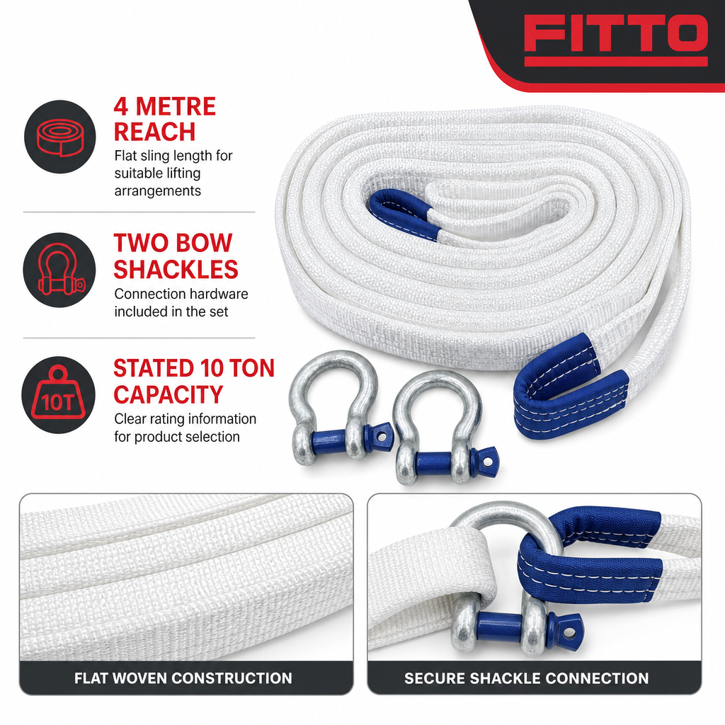 60 Pieces Heavy-Duty Polyester Flat Lift Sling Strap with 2 Bow Shackles, 10 Ton Capacity, 4 Meter, White, 1 Piece