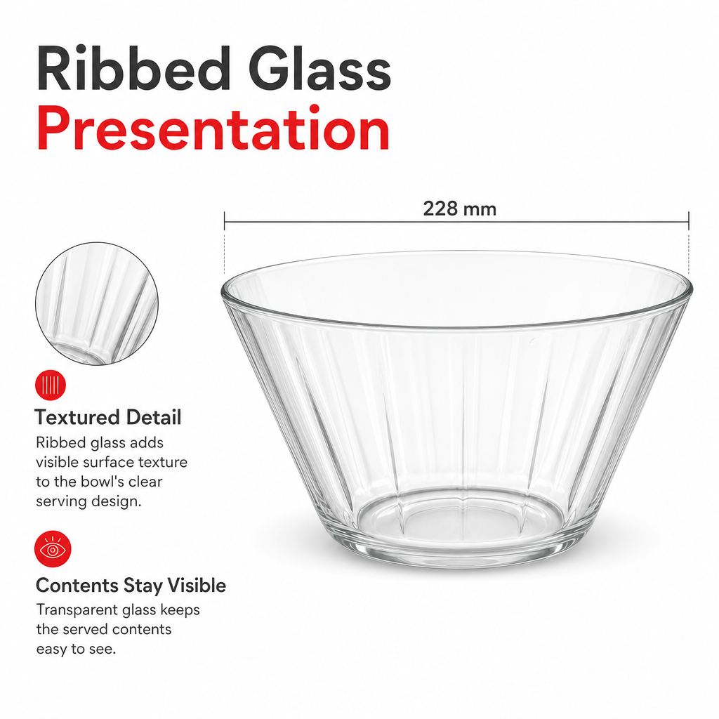 96 Pieces Ribbed Glass Serving Bowl, 228 mm, Clear, 1 Piece