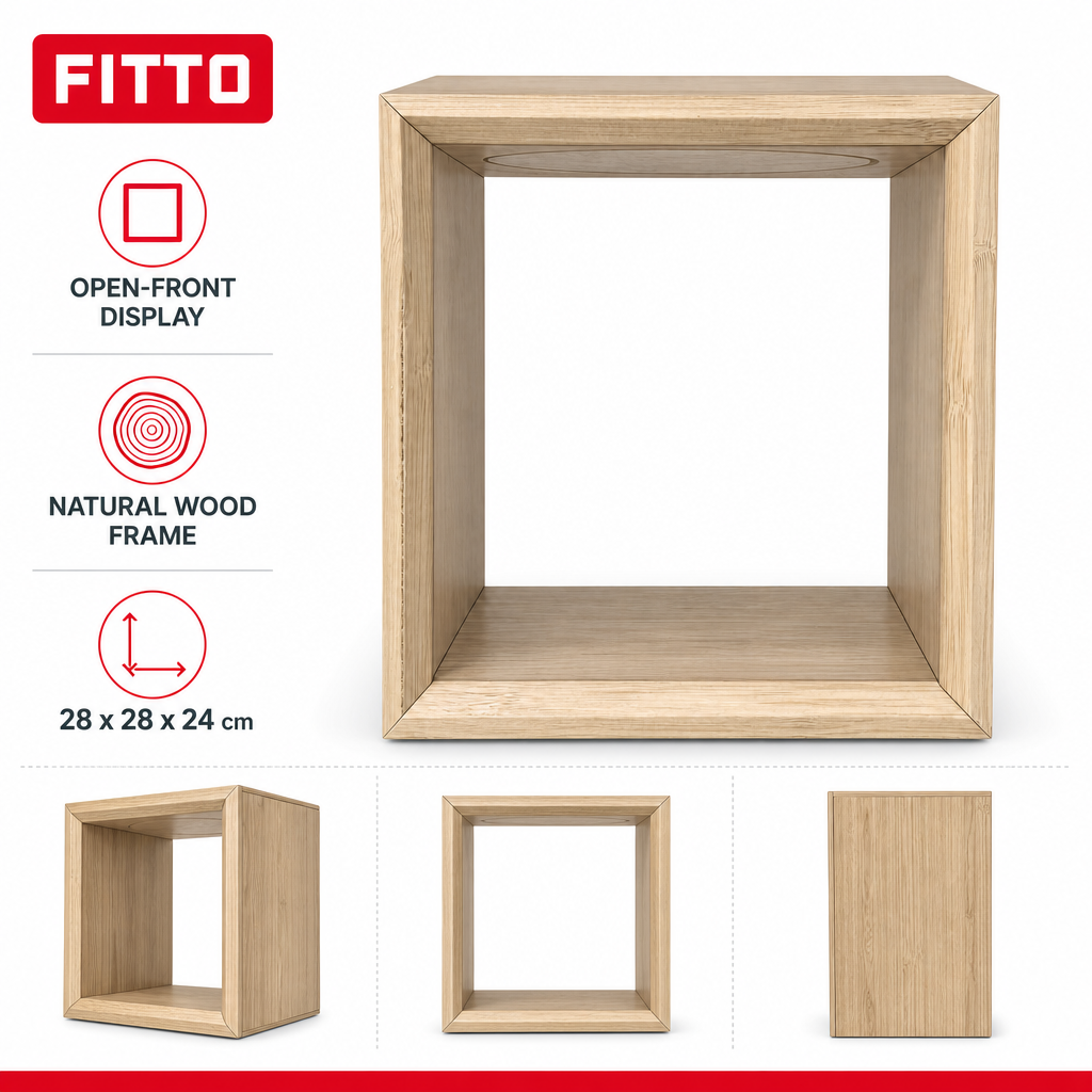 72 Pieces Wooden Open Display Box, Square Natural Finish, 28 x 28 x 24 cm, Single Box for Shelf or Tabletop Arrangement