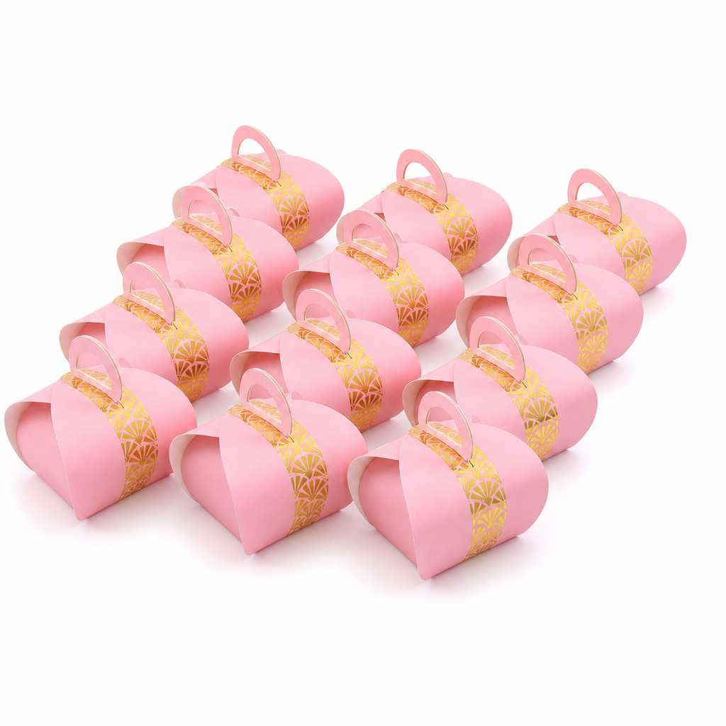 96 Pieces Candy Favor Boxes with Handle, Light Pink, 9.5 x 9.5 x 10 cm, 12 Pieces